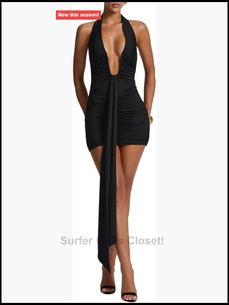 Deep V Neck Ruched Mini Dress Backless Halter Bodycon Party Night Out